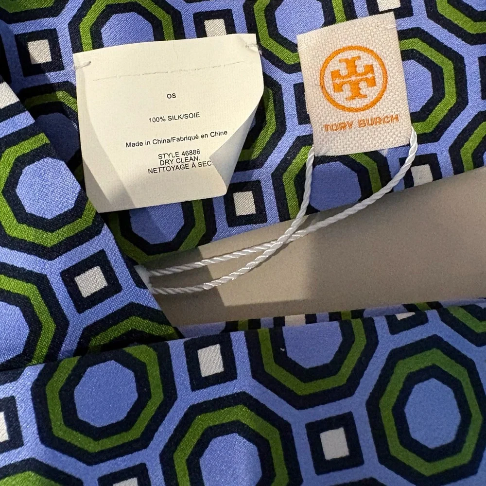 Tory Burch Silk Headband in Blue and Green Geometric Octagon Print. NWT.